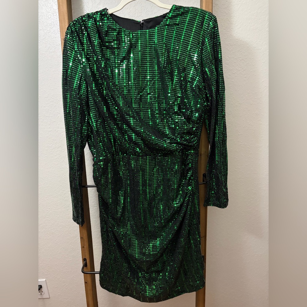 NWOT Mini Dress in Emerald Green Metallic Sequins Long Sleeve